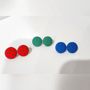 Cute Fabric Covered Button Earrings Lot of 3 PolkaDot Studs (Coral, Green, Blue)